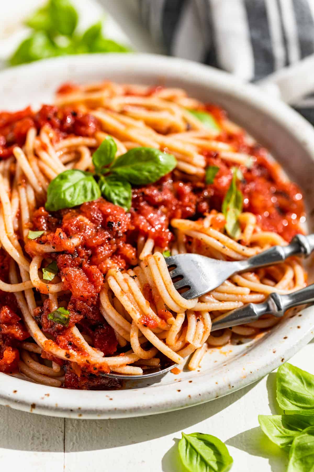 Marinara Sauce tossed together with spaghetti and topped with basil.