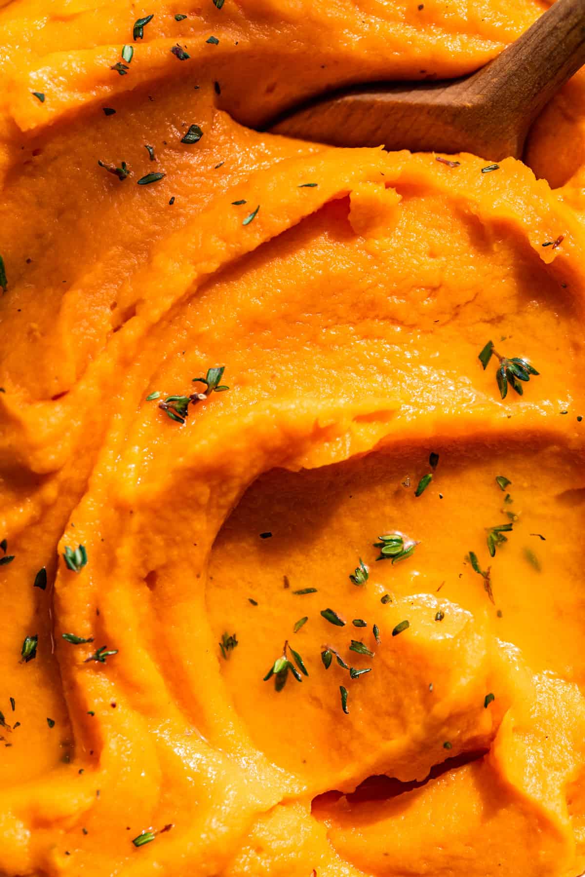 Close macro view of Mashed Sweet Potatoes sprinkled with fresh thyme.