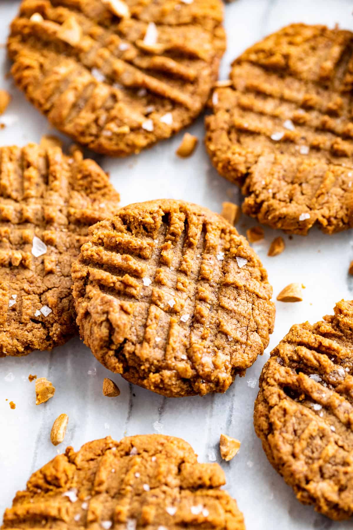 Closer view of Peanut Butter Cookies sprinkled with chopped peanuts.