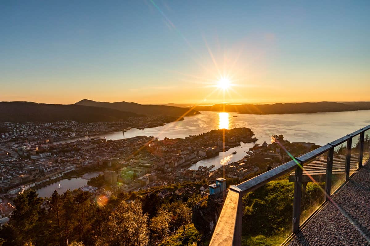 A view overlooking Bergen Norway with the ocean in the background at sunset.