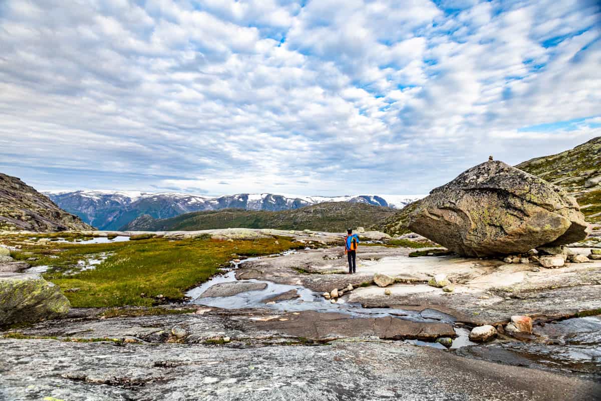 Trail views of mountains in the background with rock and sub alpine greenery in the foreground.