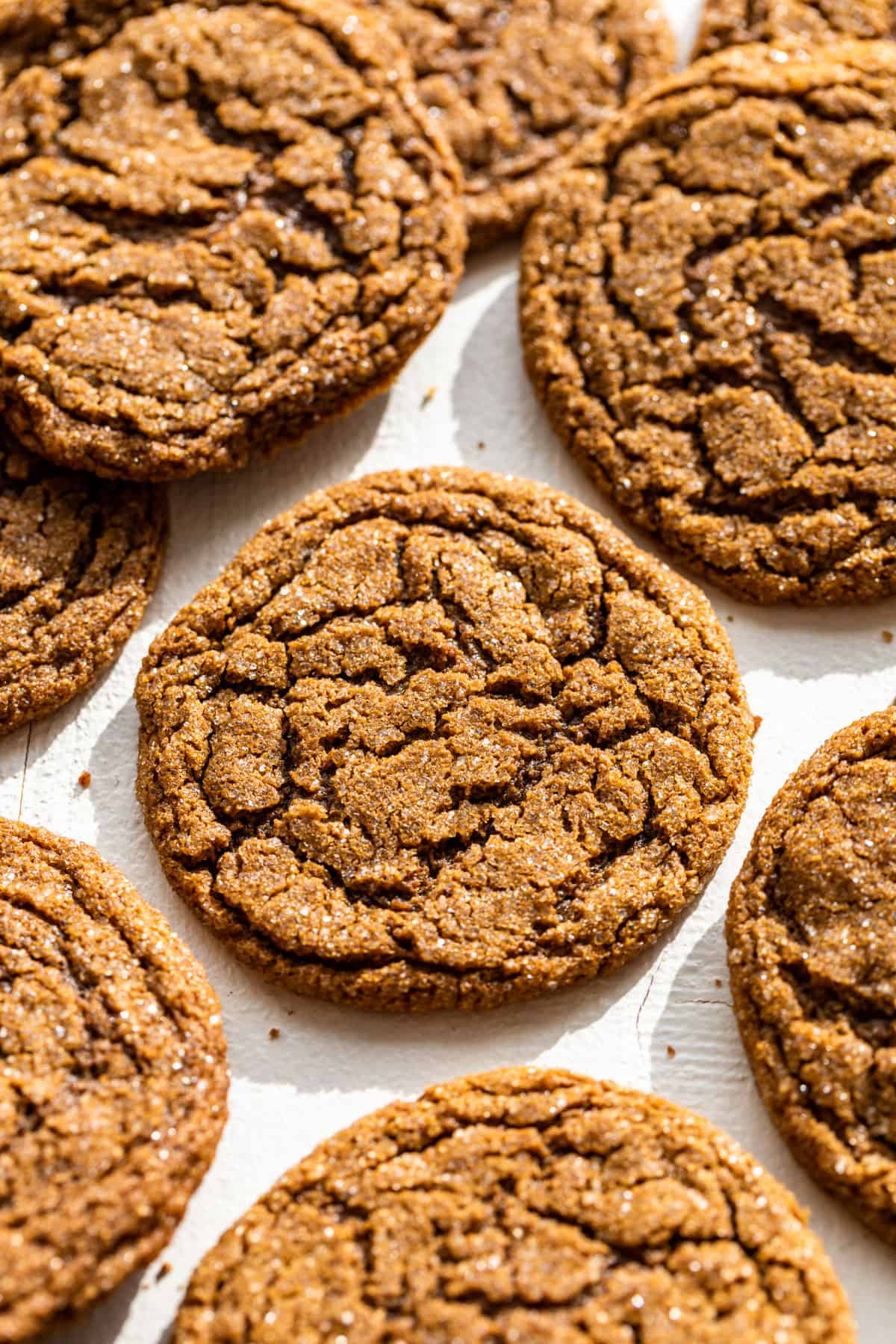 Side view of Molasses Ginger Cookies stacked together on a white background.