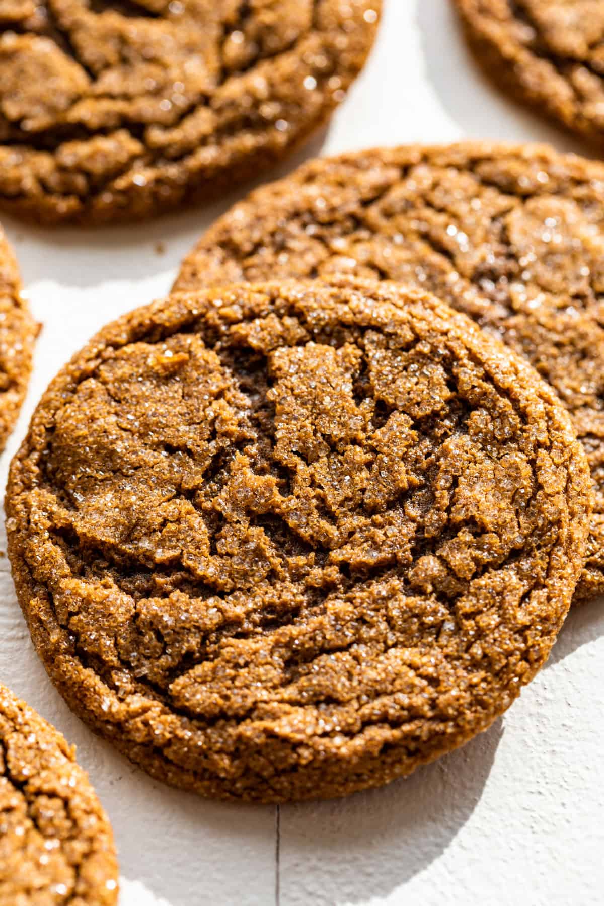 Close view of Molasses Ginger Cookies stacked together.