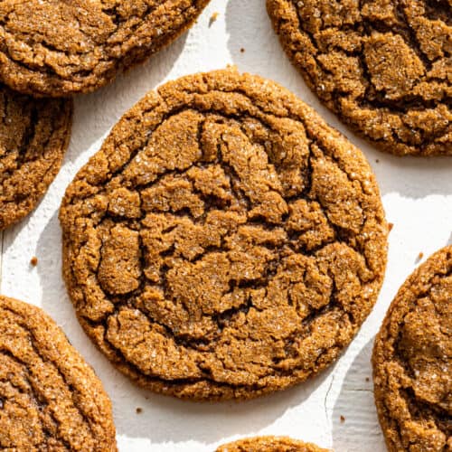 Straight down view of Molasses Ginger Cookies on a white background.