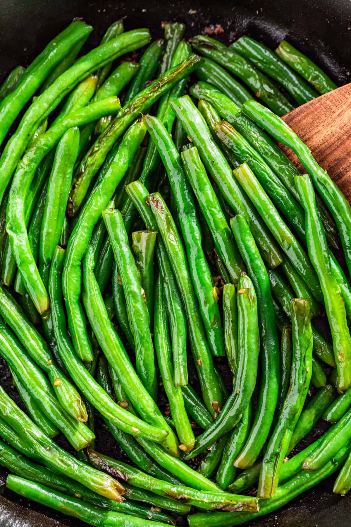 Close macro view of finished Sautéed Green Beans.