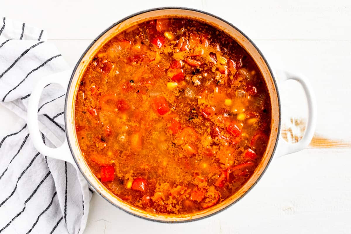 Simmered taco soup just before adding the cream cheese.