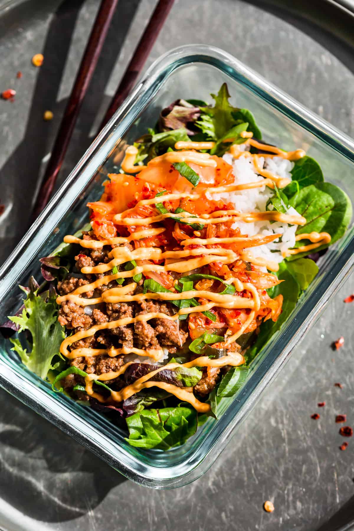 Korean Ground Beef Bowls made up into a meal prep container.