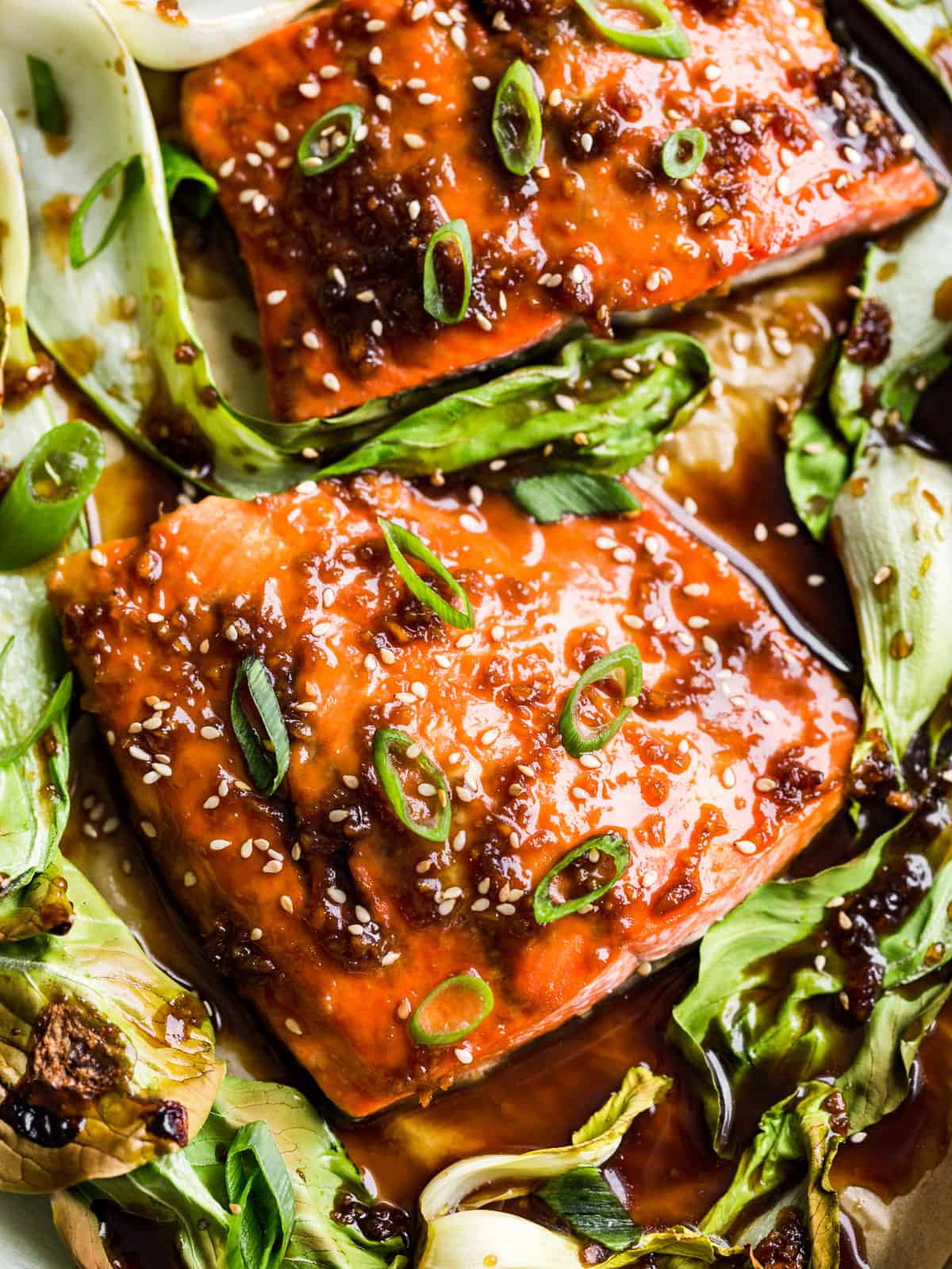 Salmon fillets and bok choy covered with teriyaki sauce and sprinkled with green onions.