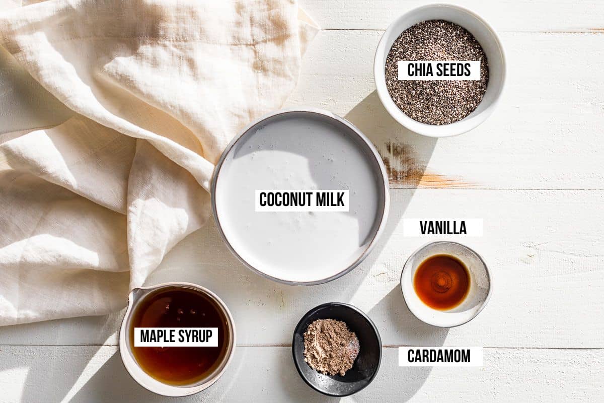 All the ingredients for the Creamy Coconut Chia Pudding prepped and placed in bowls.