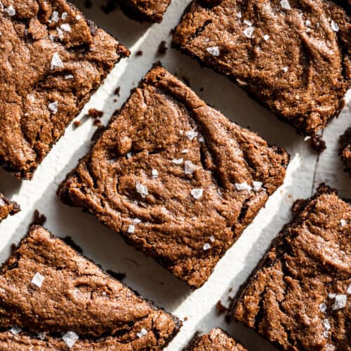 The Best Flourless Brownies sliced up and sprinkled with sea salt.