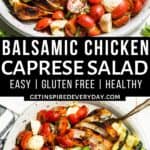 Pin image for Grilled Balsamic Chicken topped with Caprese Salad.