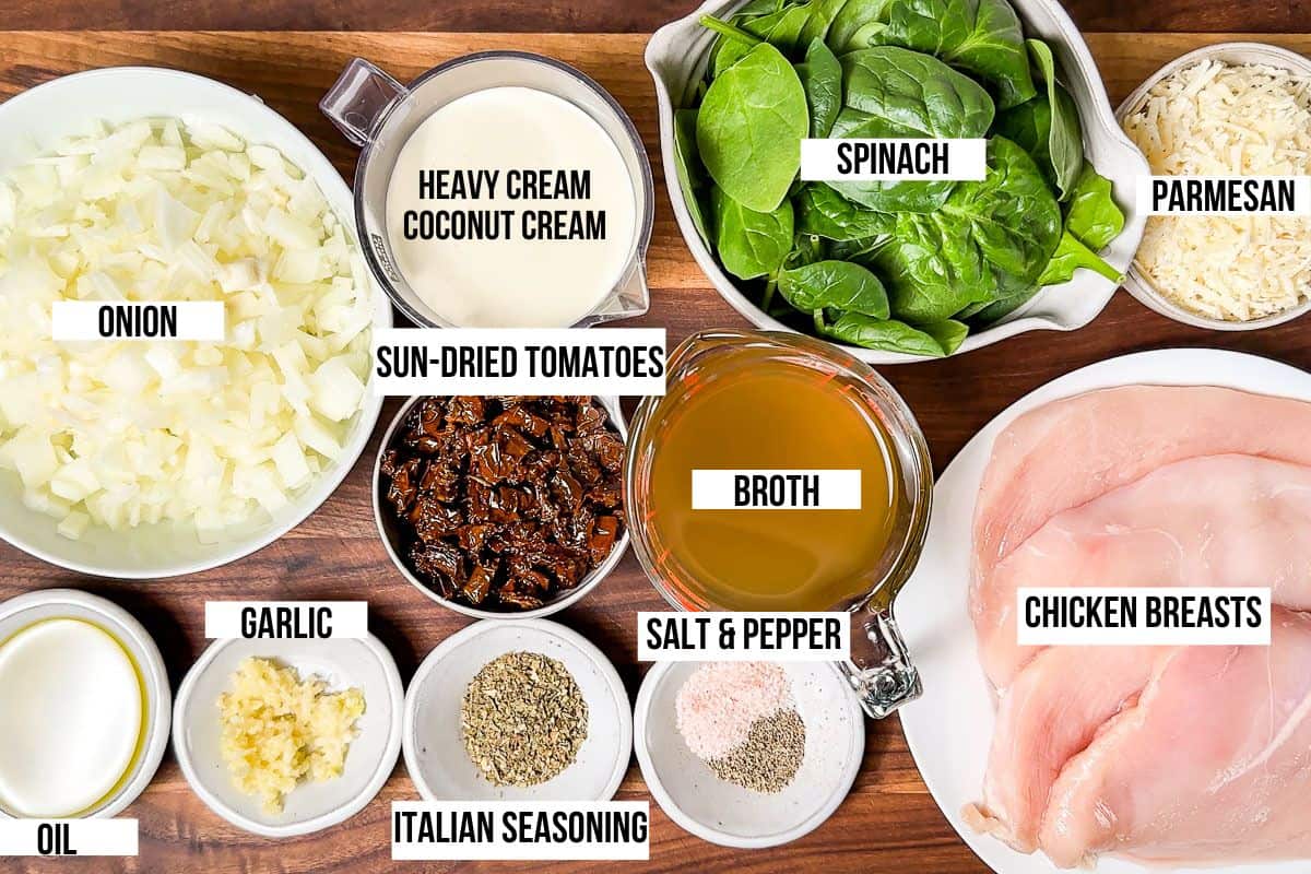All the ingredients for creamy Tuscan Chicken, onions, garlic, sun dried tomatoes, chicken, chicken stock, spinach, parmesan, and heavy cream on a wood cutting board.