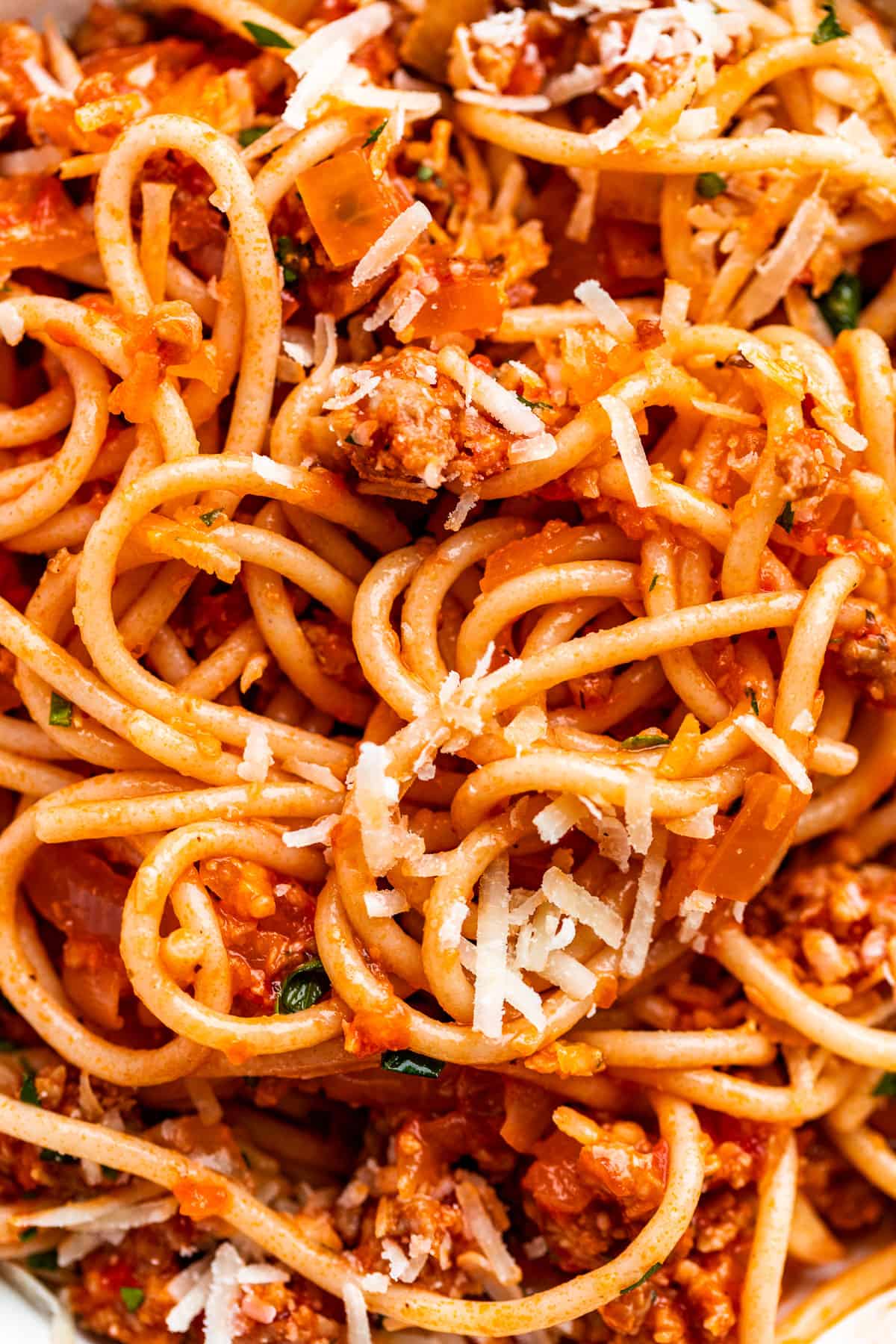 Macro close view of spaghetti tossed with spaghetti sauce and sprinkled with parmesan.