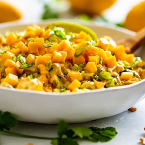 Side view of the finished Curried Chicken Salad in a white bowl topped with diced mango and a lime wedge.