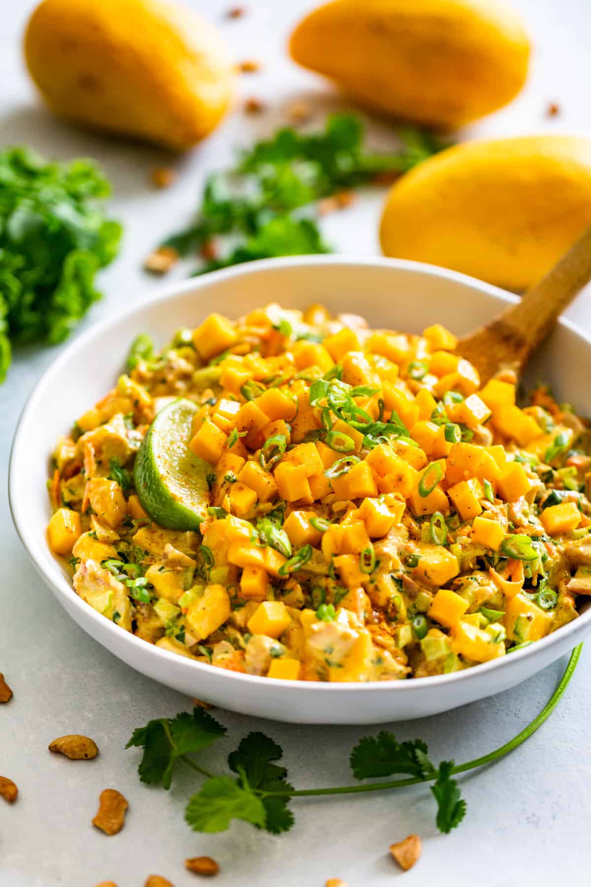 Side view of a large white bowl filled with Curried Chicken Salad topped with cubed mango and a lime wedge with cilantro on the side.