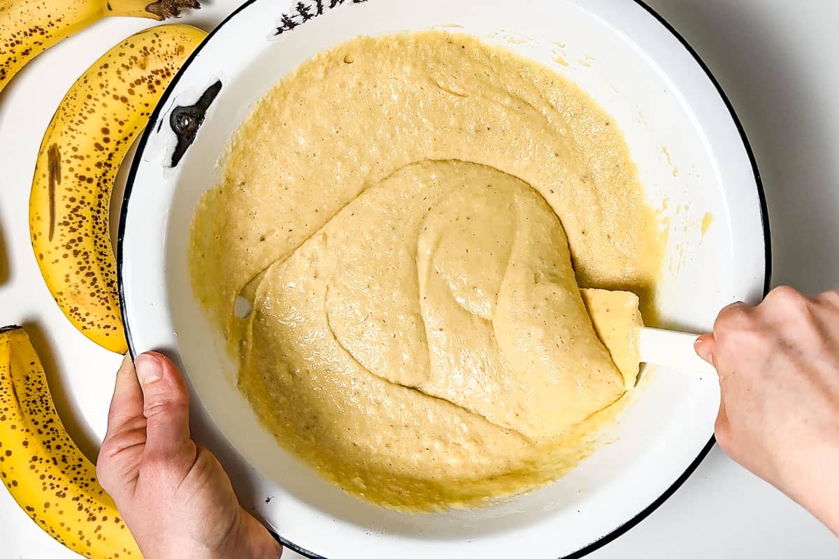 Texture of the mixed batter for gluten free banana cake.