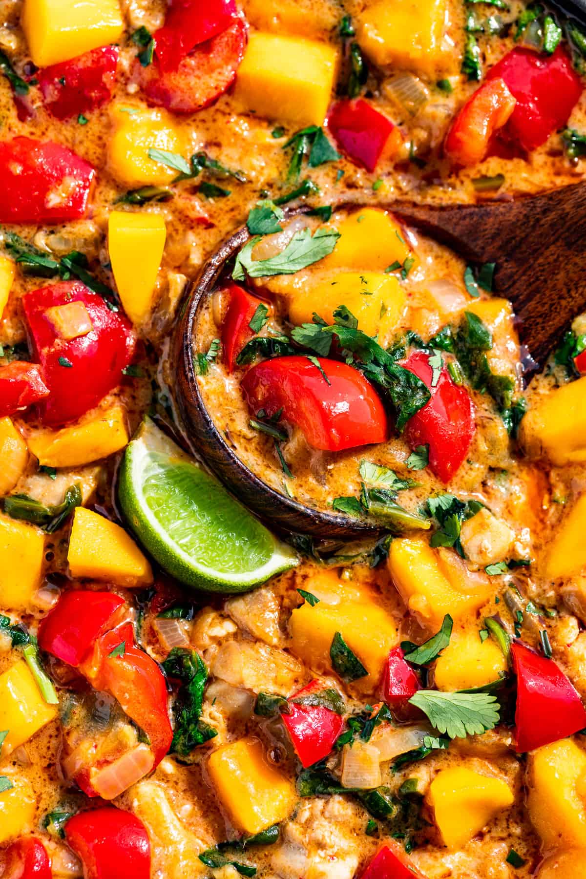 Close macro shot of a wood ladle filled with Mango Chicken Curry with a lime wedge on the side.