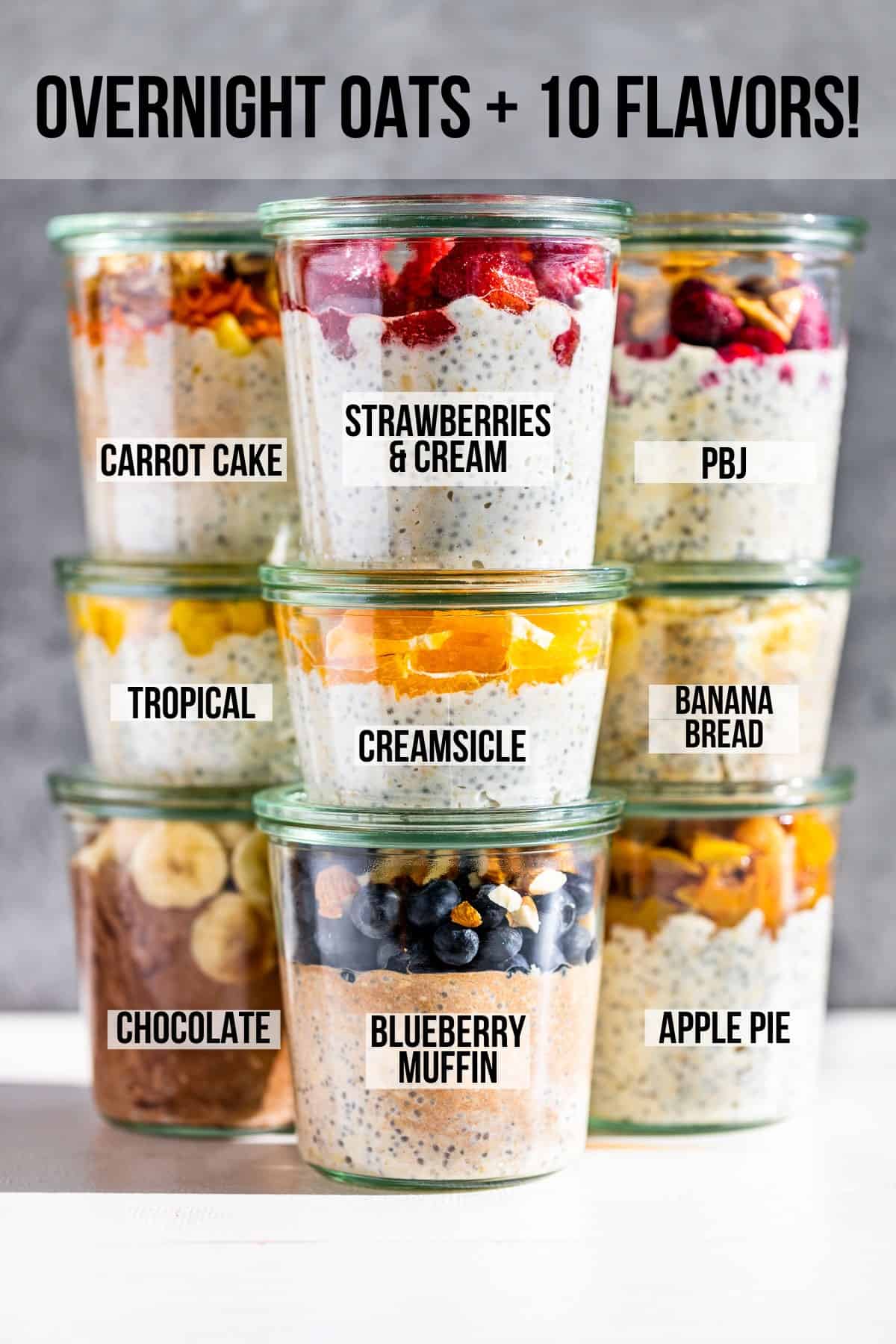 Nine clear glass jars filled with 10 different flavors of overnight oats with the titles of each written on the photo.