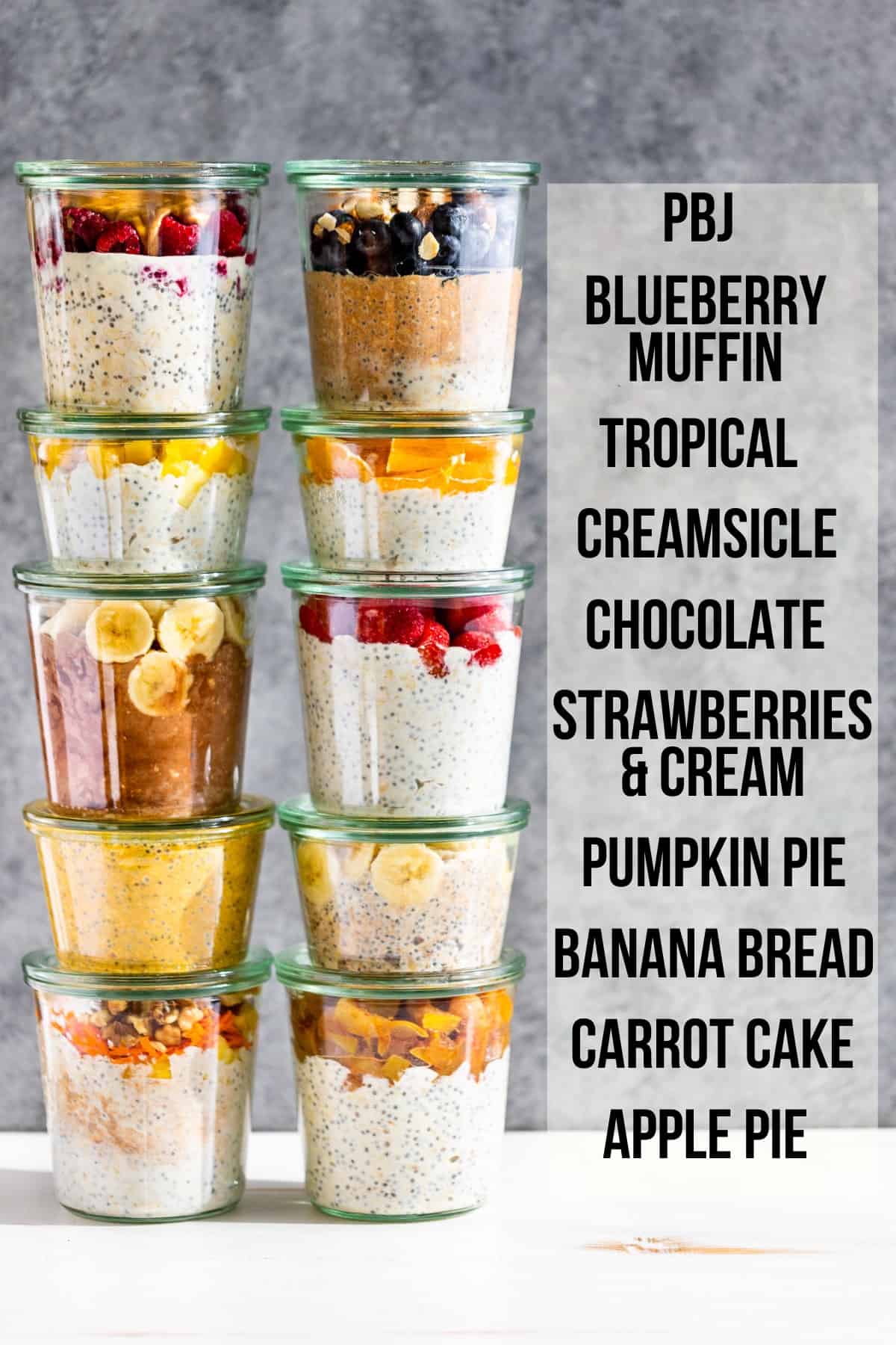 Ten clear glass jars filled with 10 different flavors of overnight oats with the titles of each written on the photo.