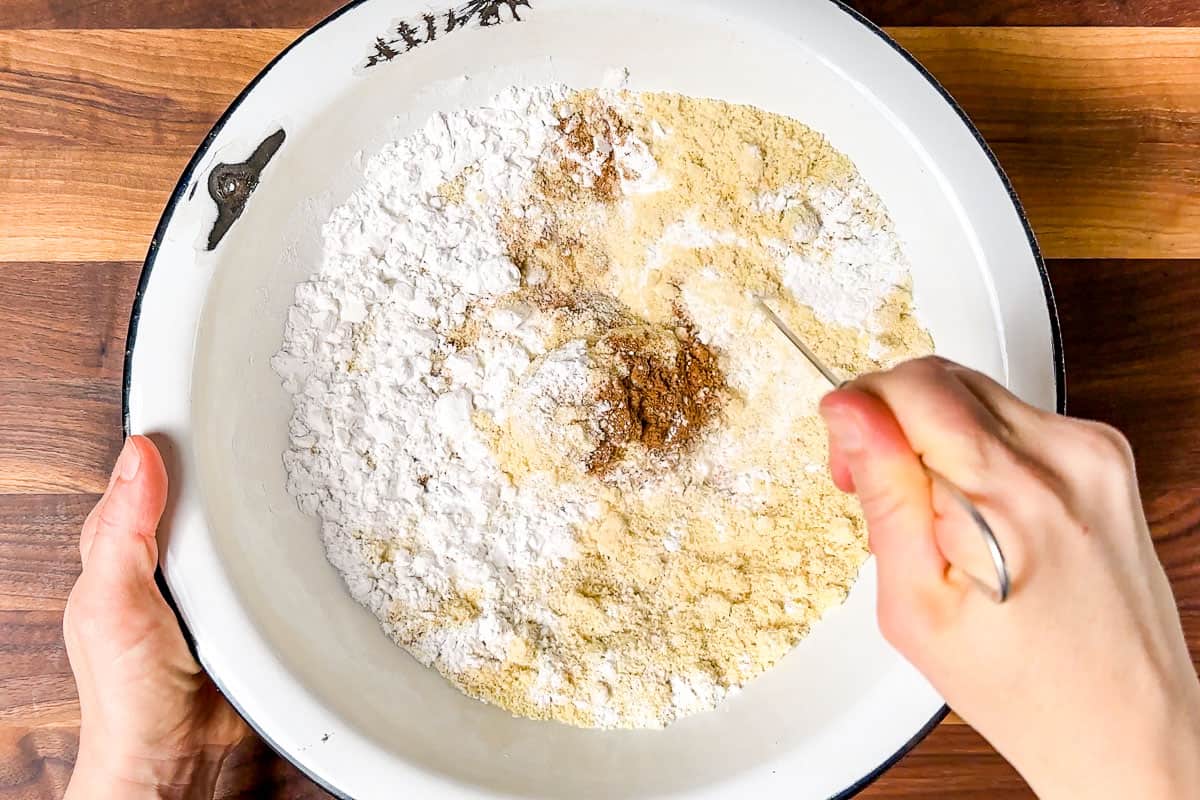 Whisking together the almond flour, tapioca starch, sea salt, and cinnamon.