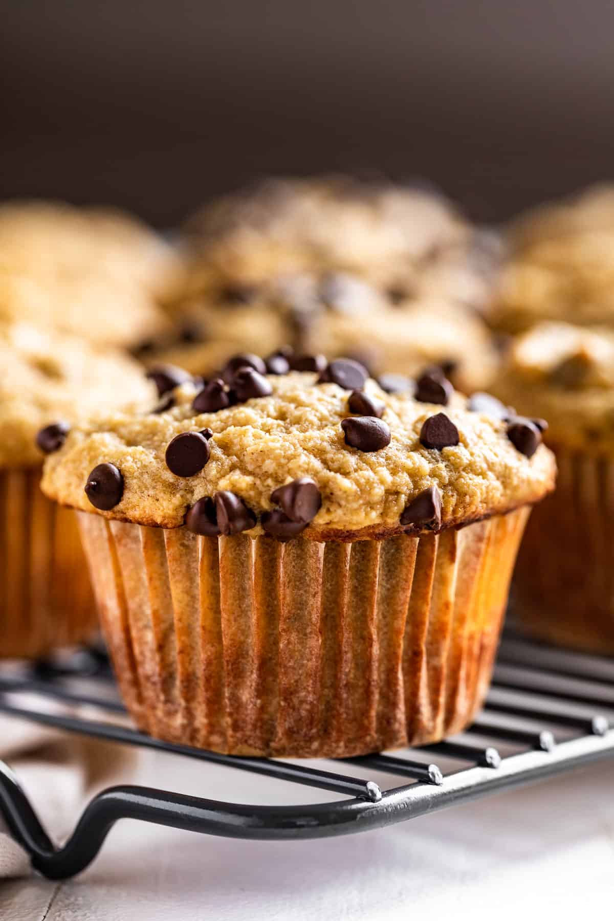 Side view of Paleo Banana Muffins topped with mini chocolate chips on a wire cooling rack.