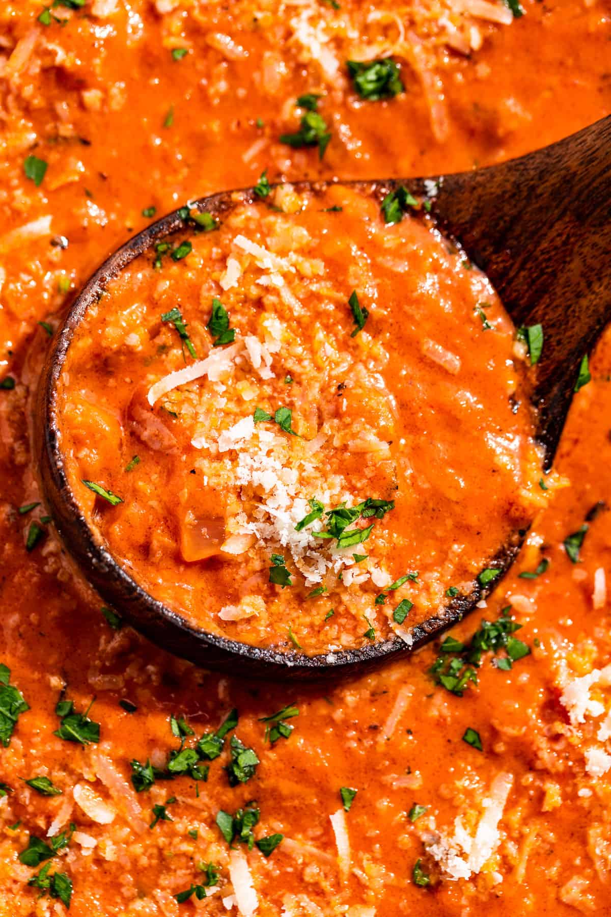 Close macro view of tomato cream sauce in a wood ladle sprinkled with parmesan and parsley.