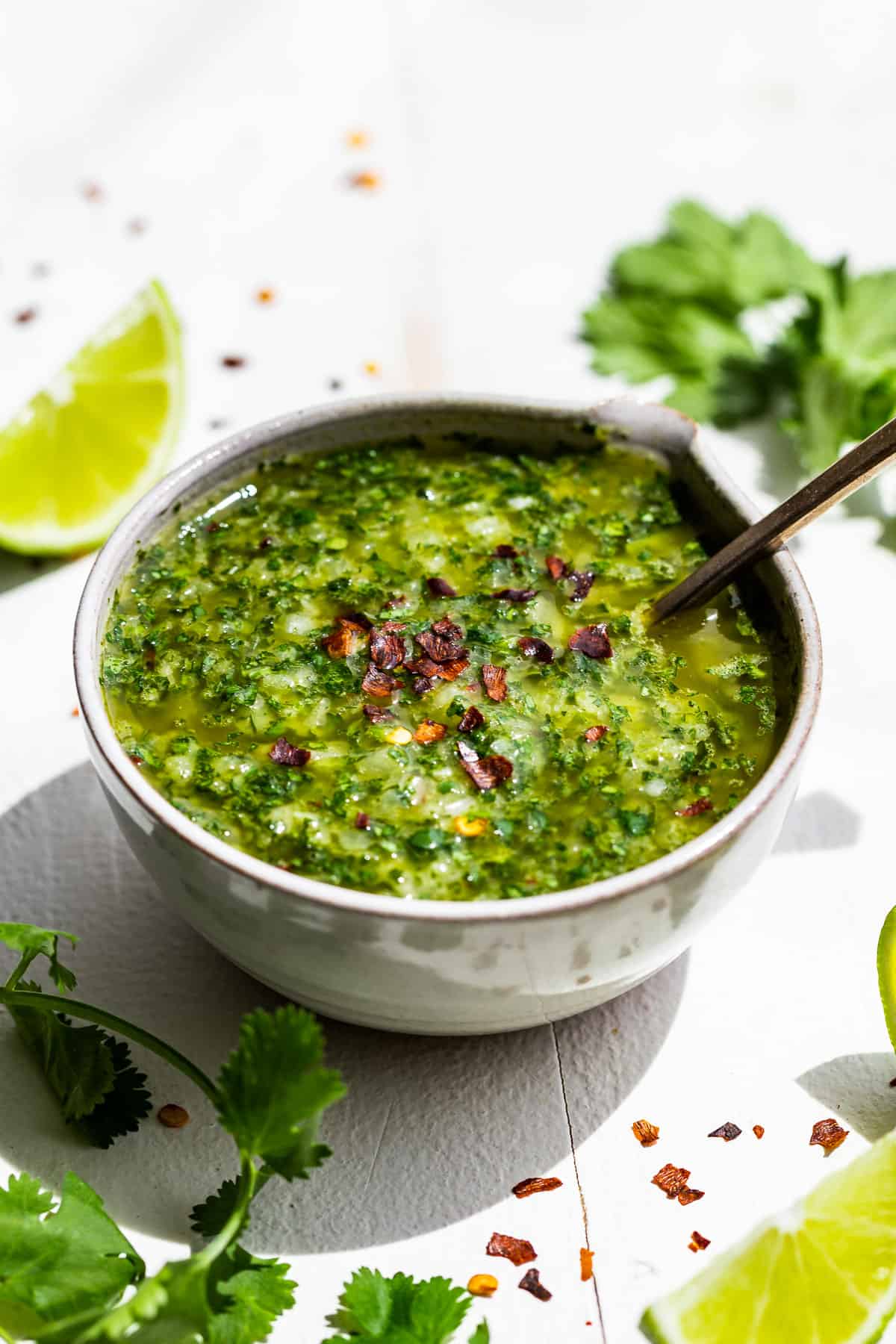 Side view of Cilantro Chimichurri in a pottery bowl on a white backdrop with cilantro springs and lime wedges around the bowl.