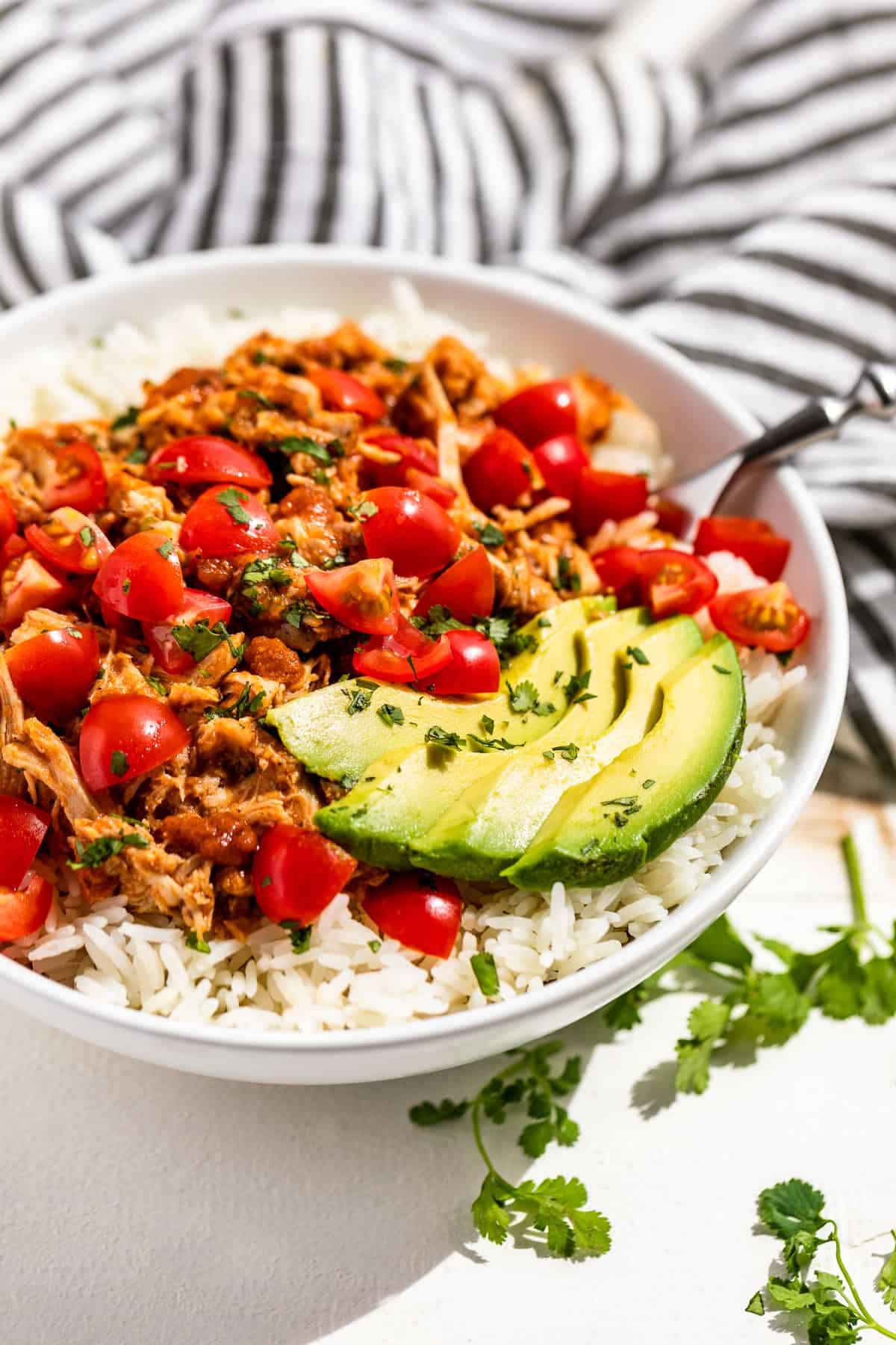 Side view of shredded chicken Tinga over steamed rice topped with chopped tomatoes, cilantro, and sliced avocado in a white bowl.