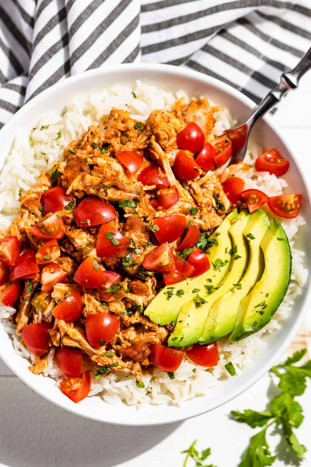 Shredded Chicken Tinga piled over steamed rice topped with fresh tomatoes, cilantro, and sliced avocados in a white bowl.