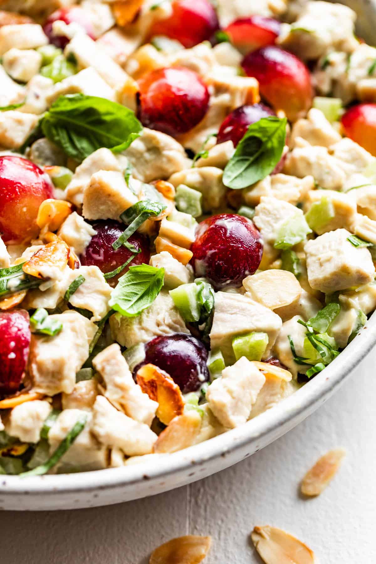 A close side view of Chicken Salad in a speckled pottery bowl.