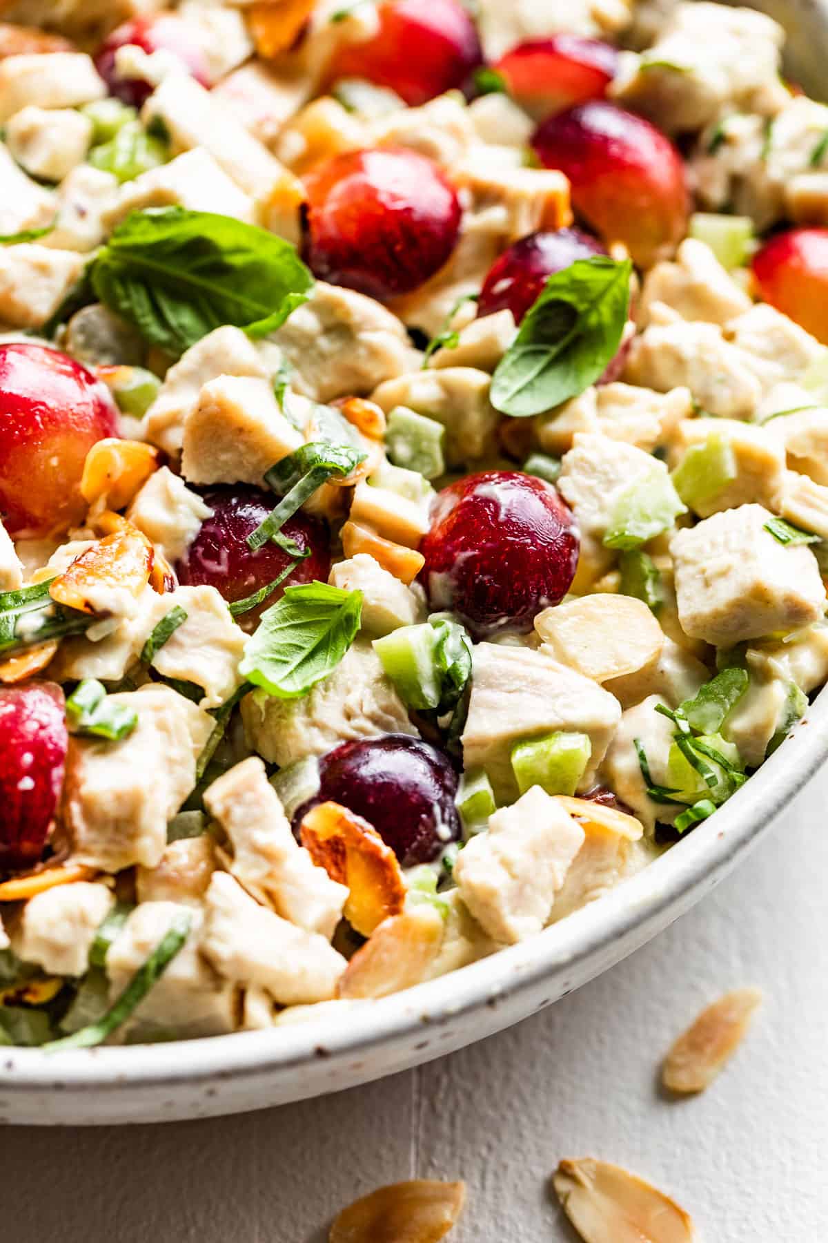 Classic Chicken Salad in a speckled pottery bowl.