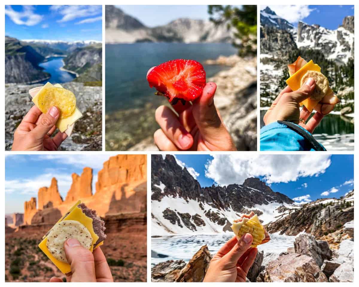 A photo collage of Adult Lunchables in different outdoor scenery.