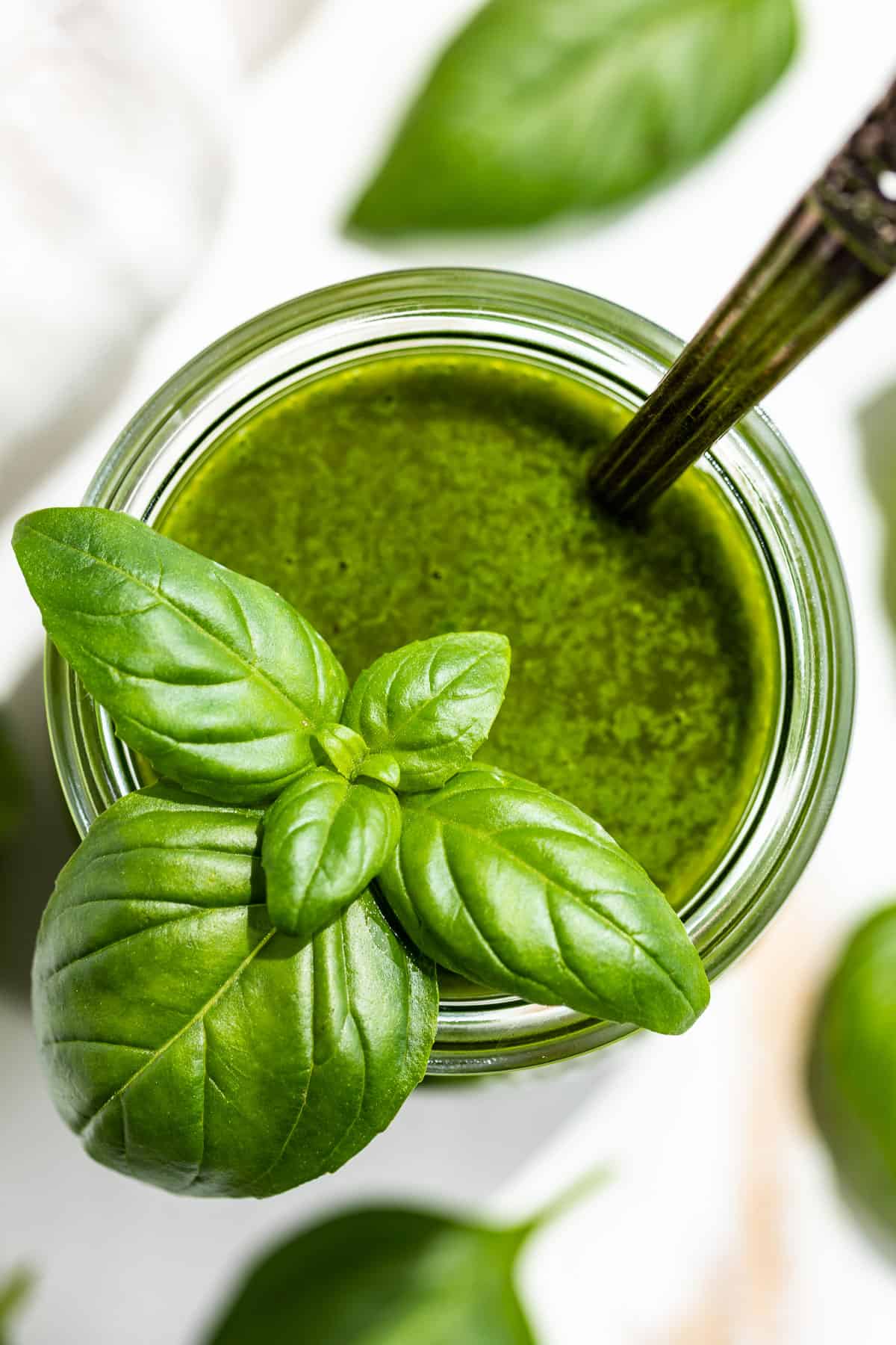 Straight down view of Basil Vinaigrette in a glass jar topped with a large sprig of fresh basil.
