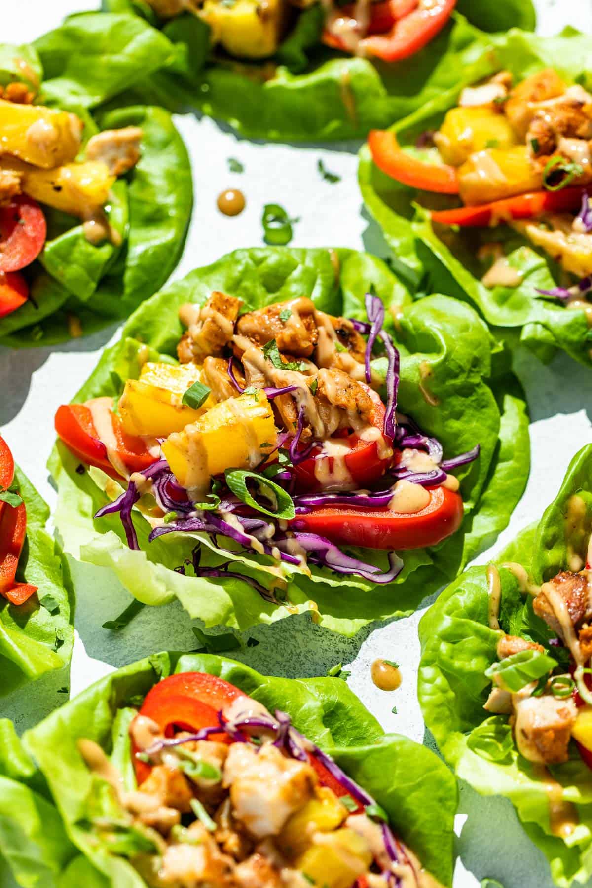 Side view of seven Thai Lettuce Wraps on a blue background.