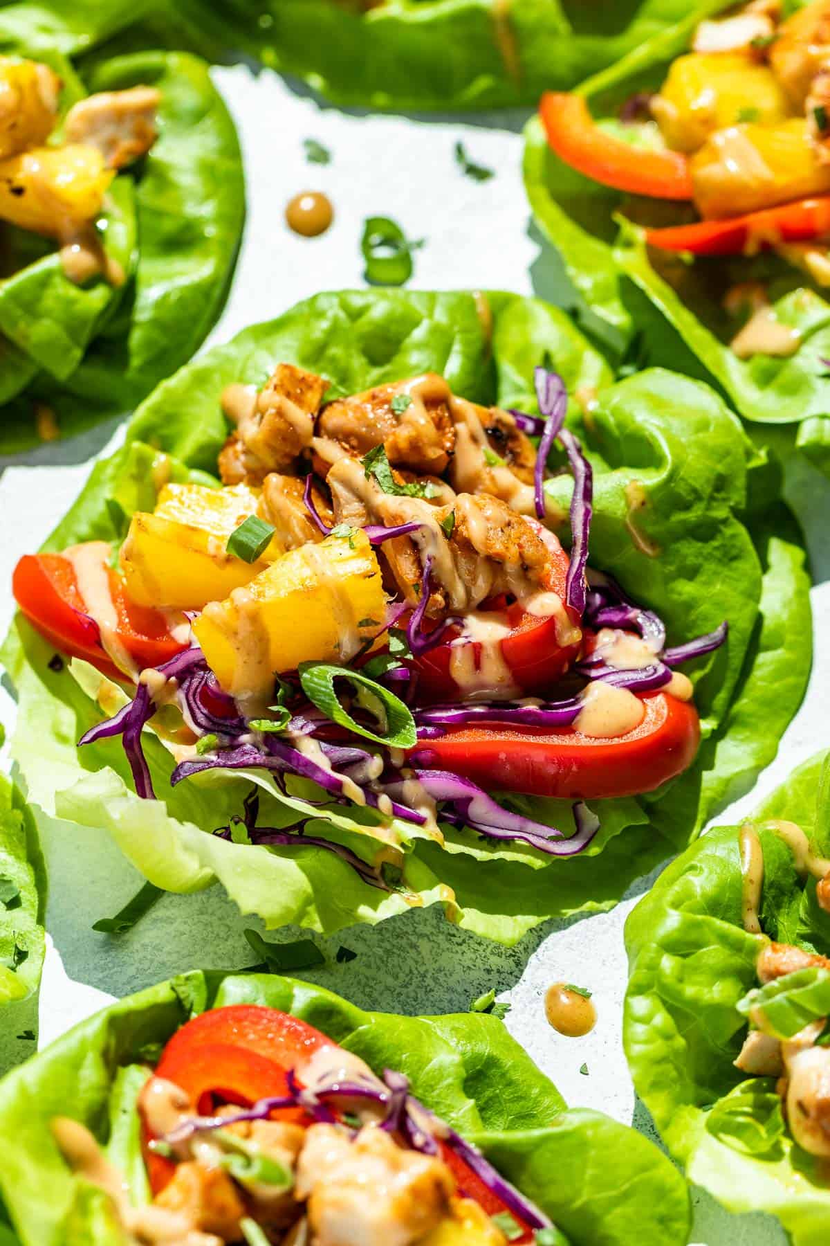 Close up side view of Thai Lettuce Wraps drizzled with peanut sauce and sprinkled with green onions.