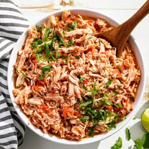 A large white bowl filled with shredded salsa chicken topped with green onions and cilantro.