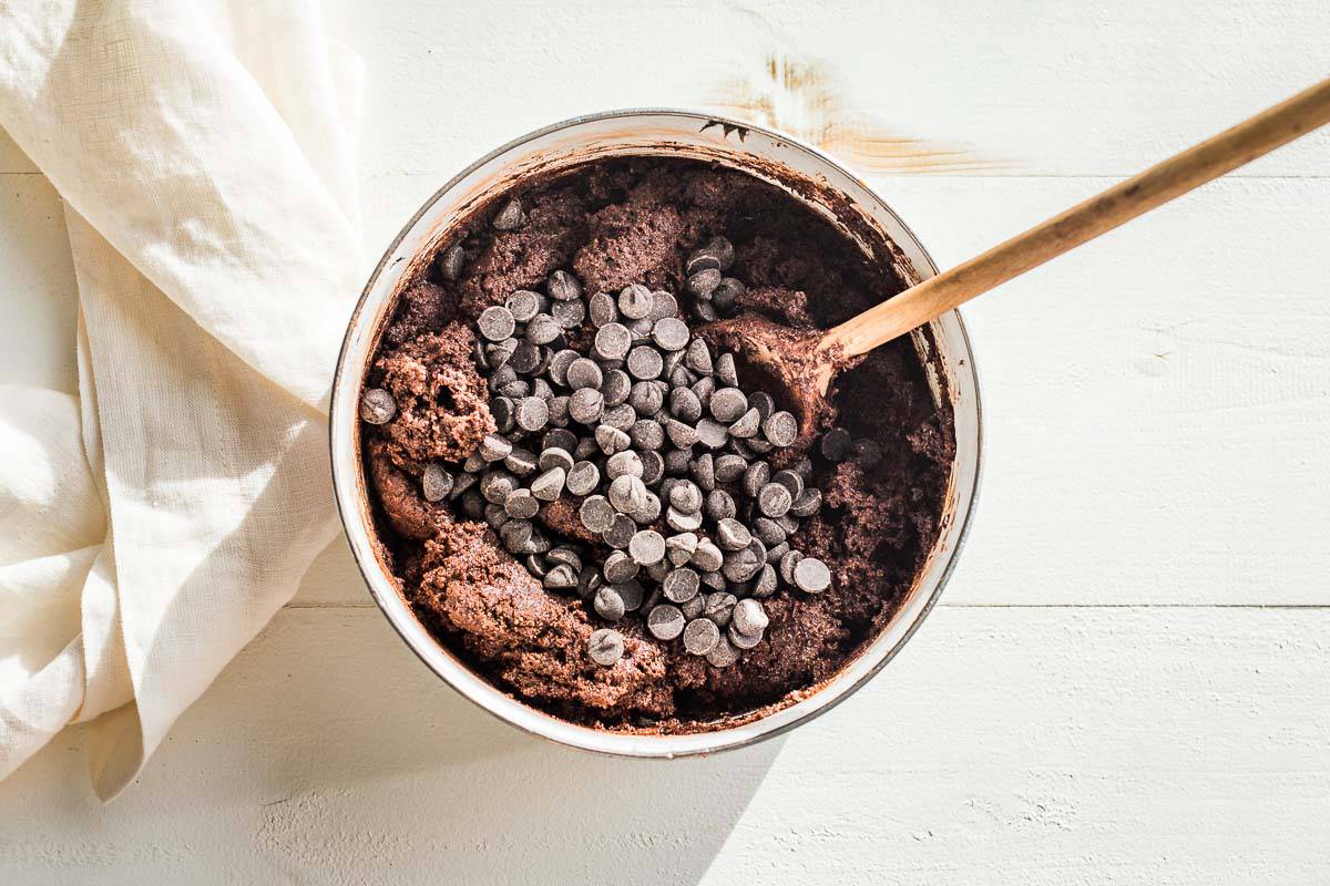 Mixing the chocolate chips into the chocolate cookie dough.