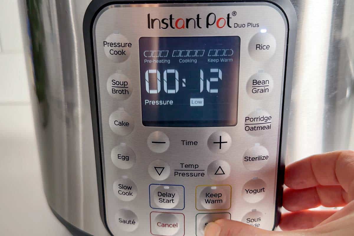 Selecting the Rice button on the front of the Instant Pot.