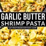 Pinterest image for garlic butter shrimp pasta.