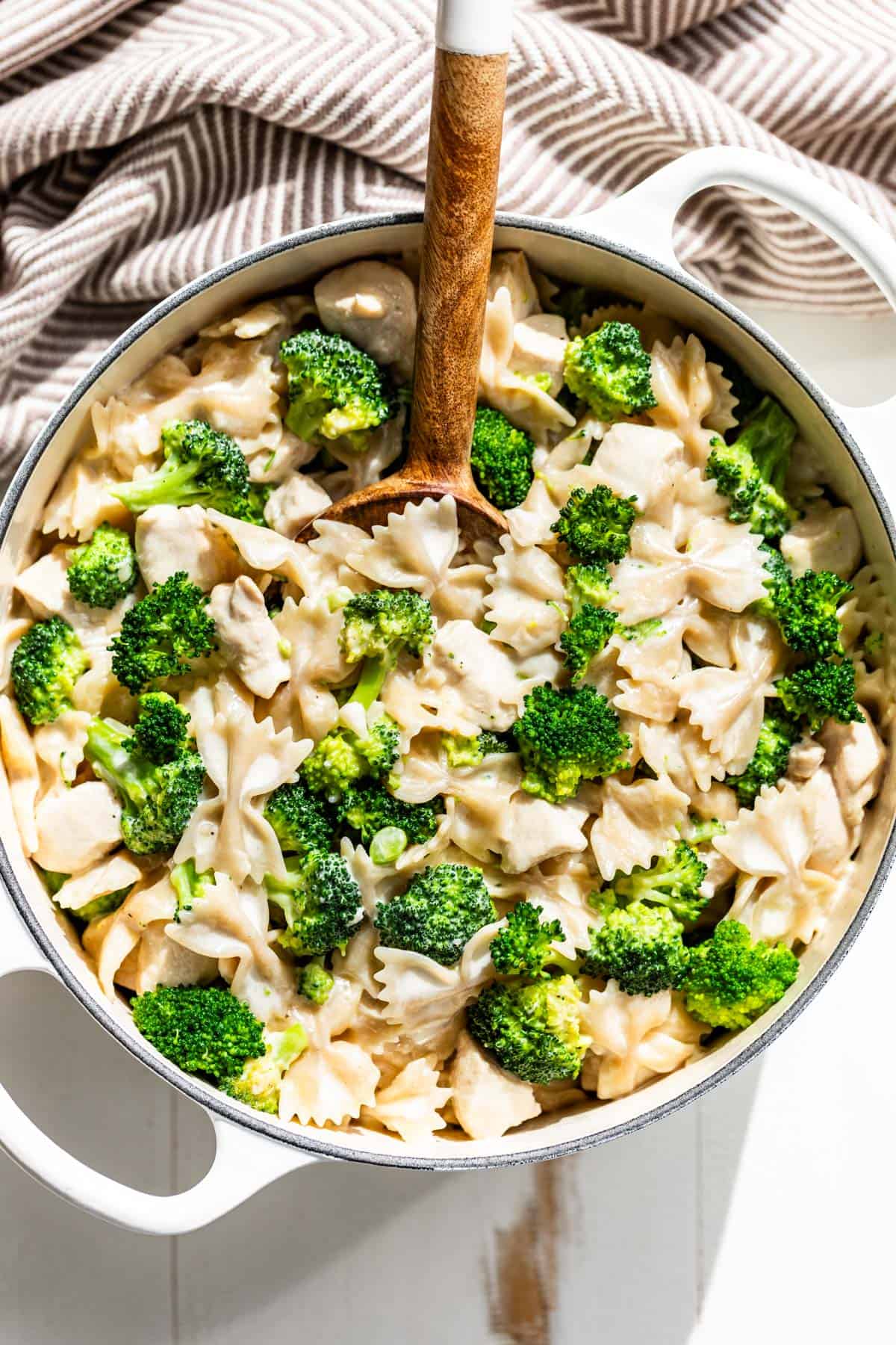 Chicken broccoli Alfredo in a large white pot and a wood spoon in the pasta on a white background.