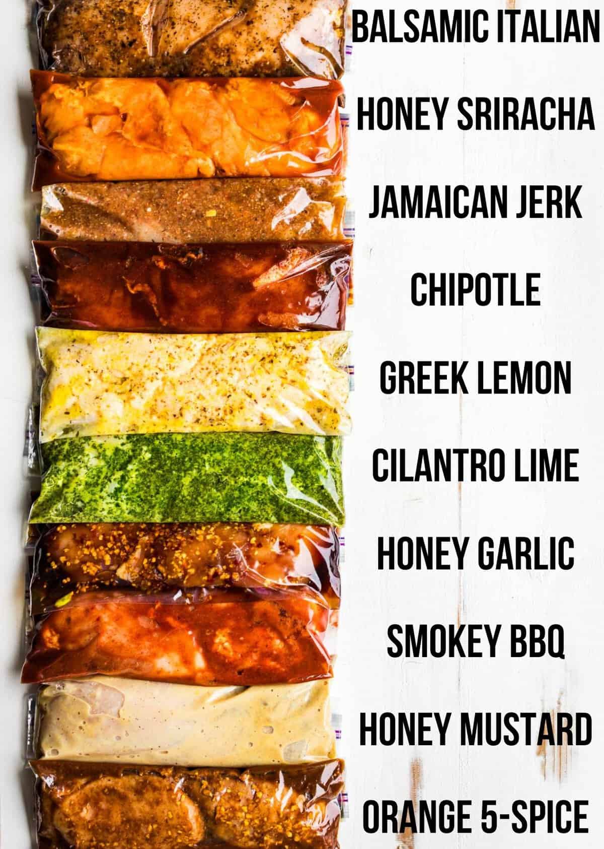 10 Best Chicken Marinades on a white background with names in text next to the marinade bags.