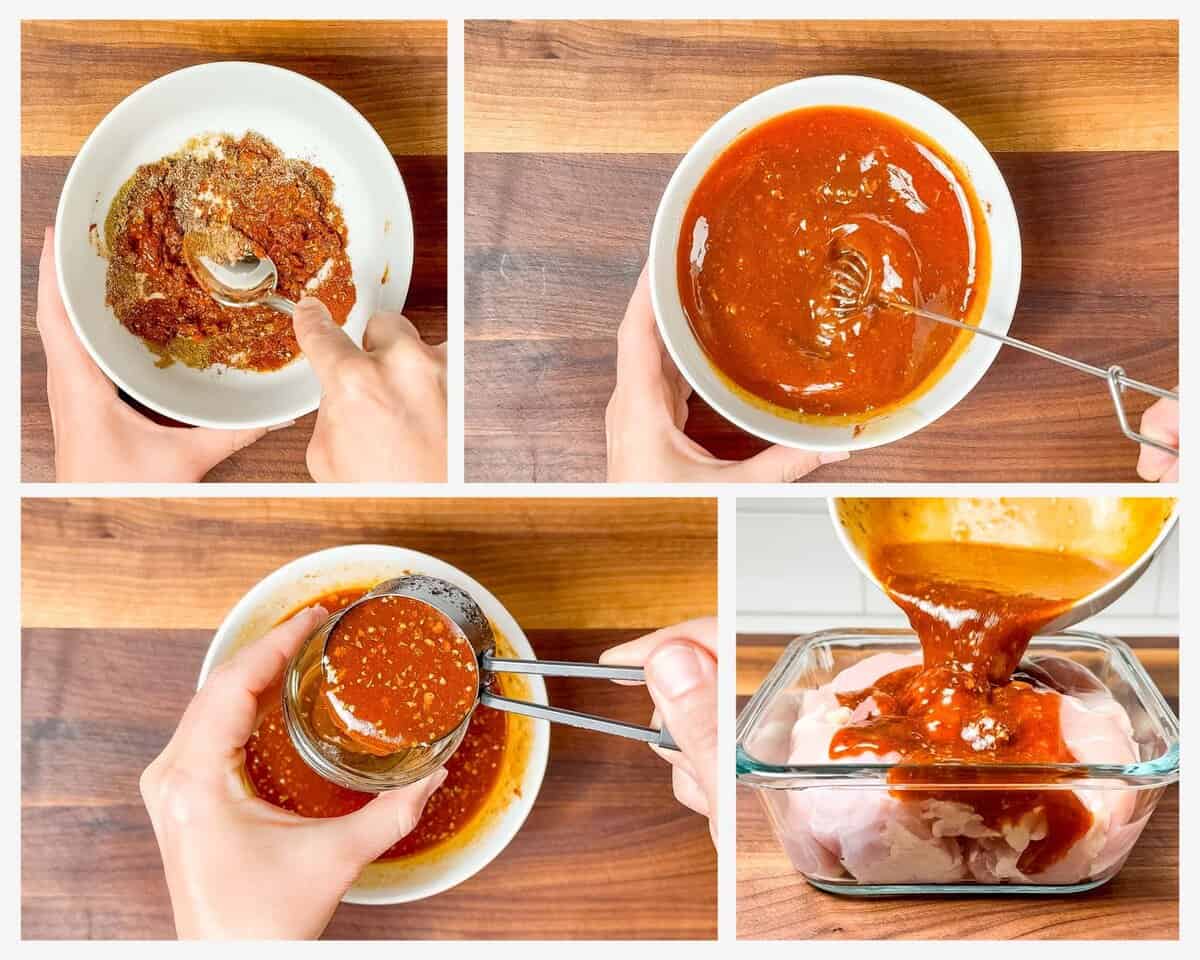 Four photos in a collage showing whisking the chipotle honey marinade and pour it over the chicken.
