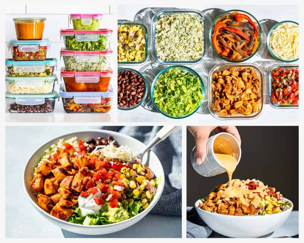 Four photos in a collage showing containers of chipotle meal prep and the food put together into a burrito bowl.