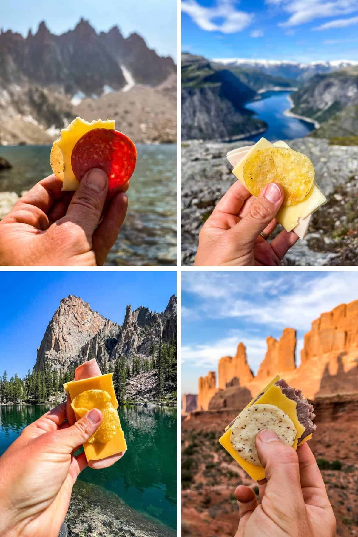Four photos showing lunchables in different mountain scenes.