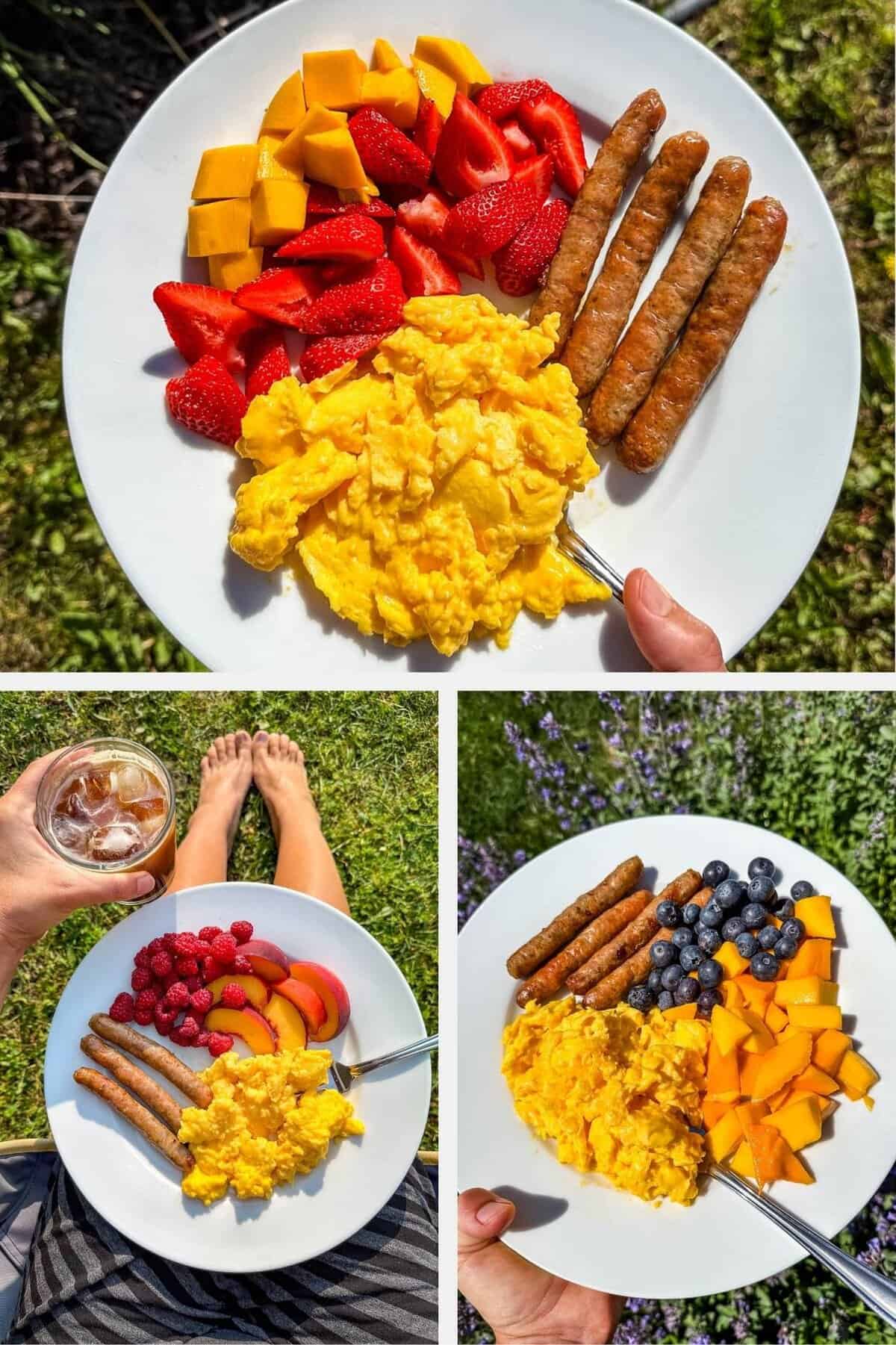 Three photos in a collage showing scrambled eggs, air fryer sausages and fresh fruit.