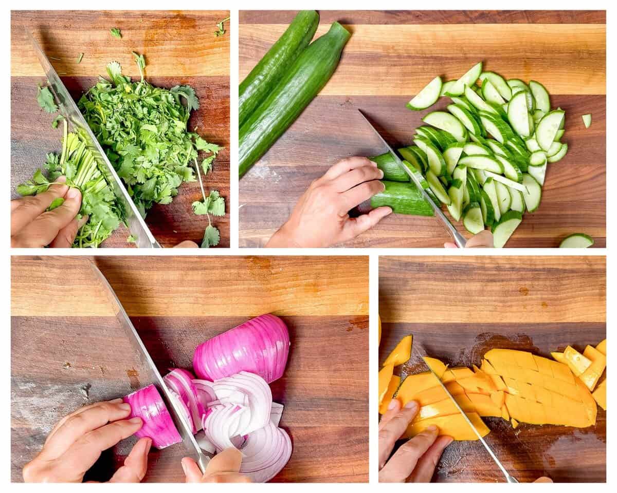 Four photos in a collage showing slicing cucumbers, red onion, cubing mango, and chopping cilantro.