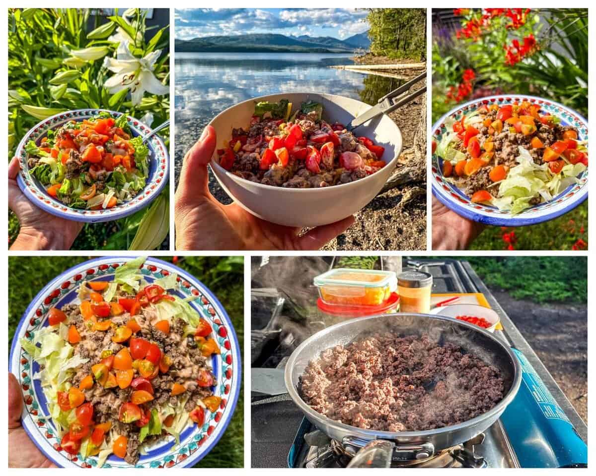 Five photos of burger bowls outdoors with a lake, mountains, and flowers in the background.