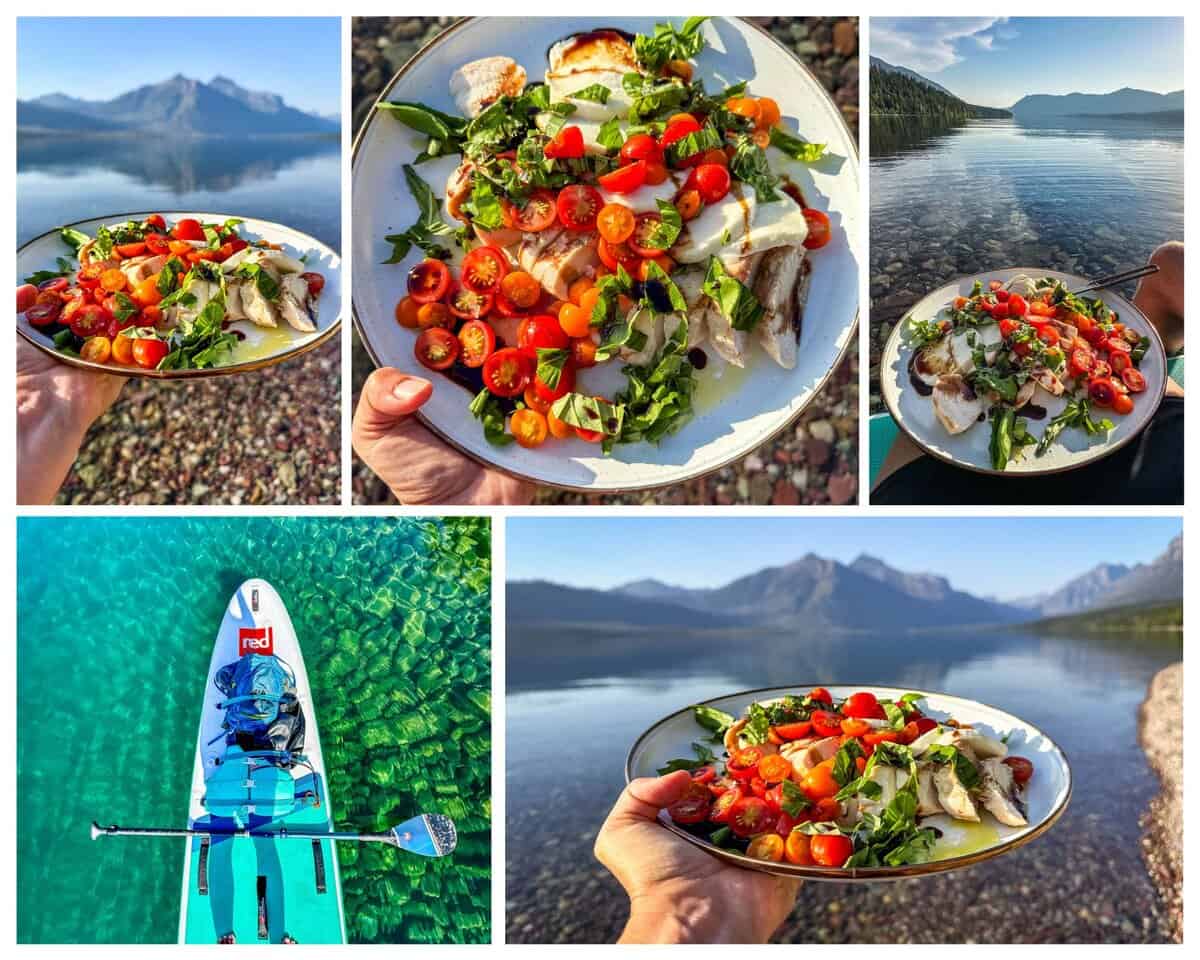 Five photos in a collage showing Grilled Chicken Caprese on an enamel plate at a lake with mountains in the background.