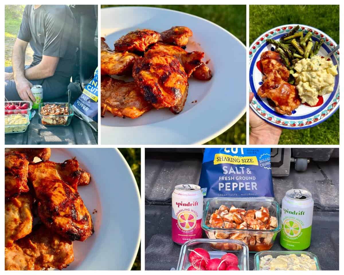 Five photos in a collage showing grilled chicken thighs on a plate, chicken thighs with potato salad in a bowl, and grilled chicken thighs on a tailgate picnic.