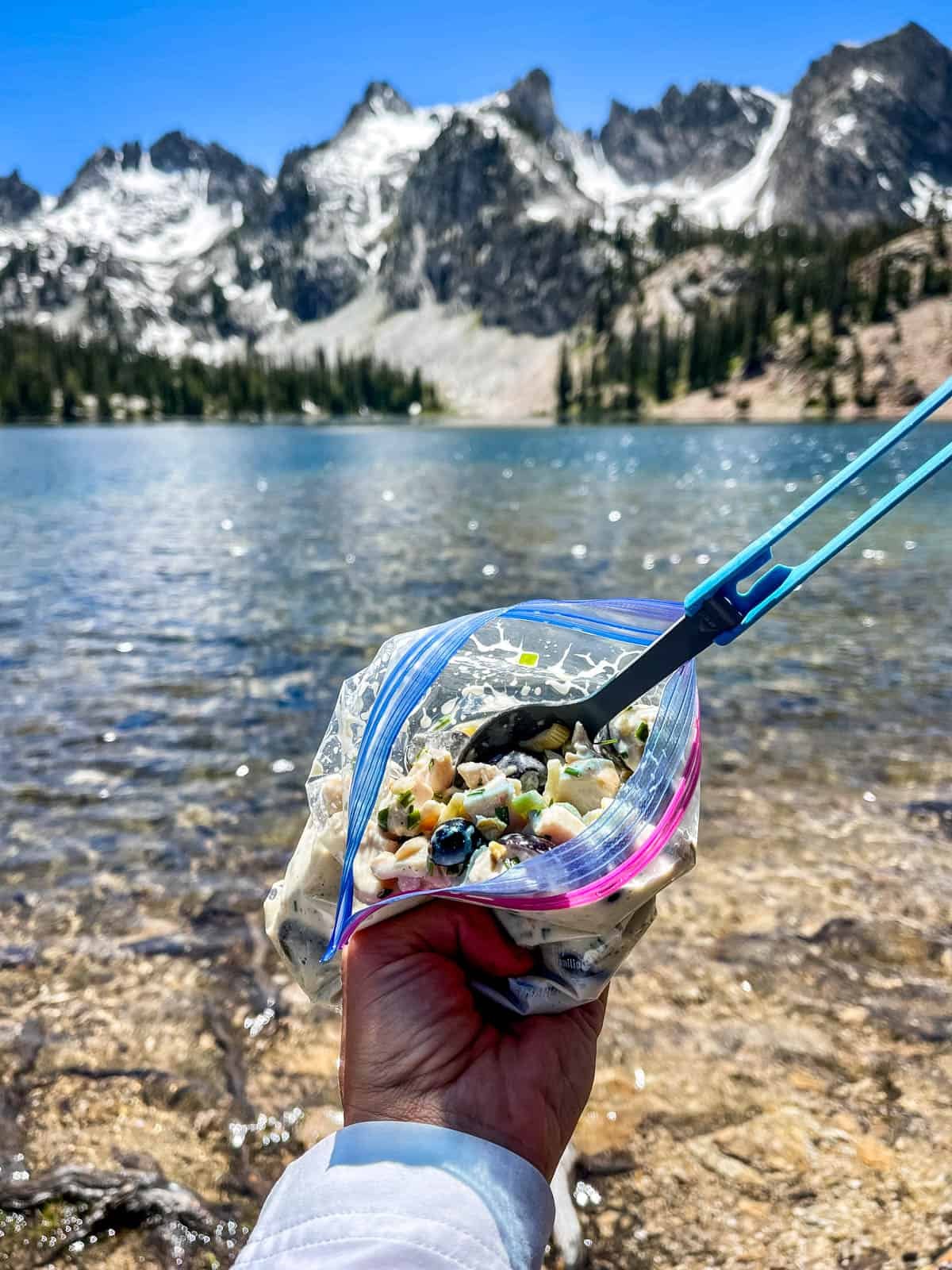 A bag filled with healthy chicken salad with a fork in it on the shores of a lake with snow-capped mountains in the background.